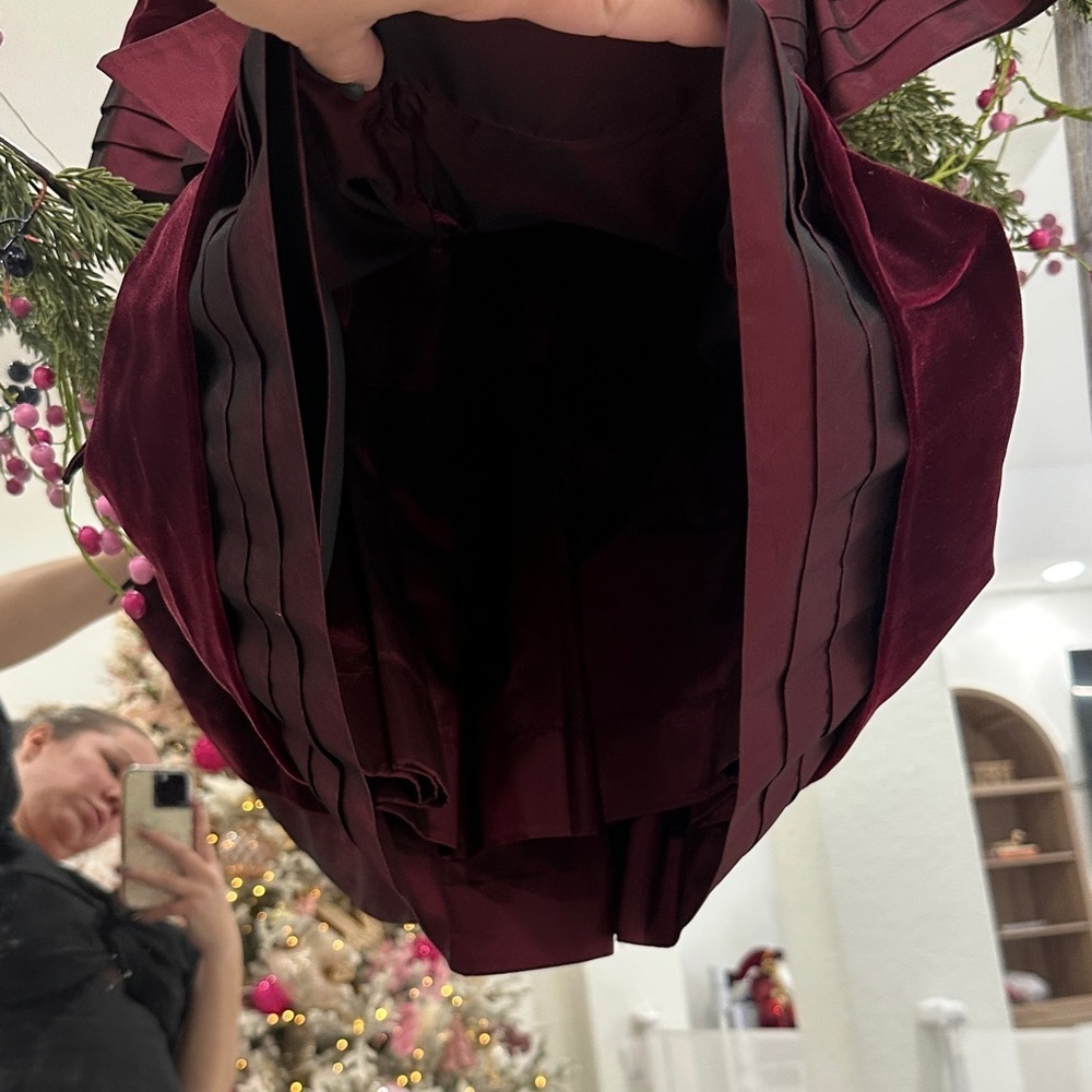 Silk Velvet and silk Organza Burgundy Holiday Dress with Puff Sleeves - Picture 6 of 6
